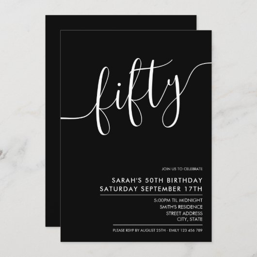 Invitation Script élégant moderne noir 50e anniversaire (Devant / Derrière)