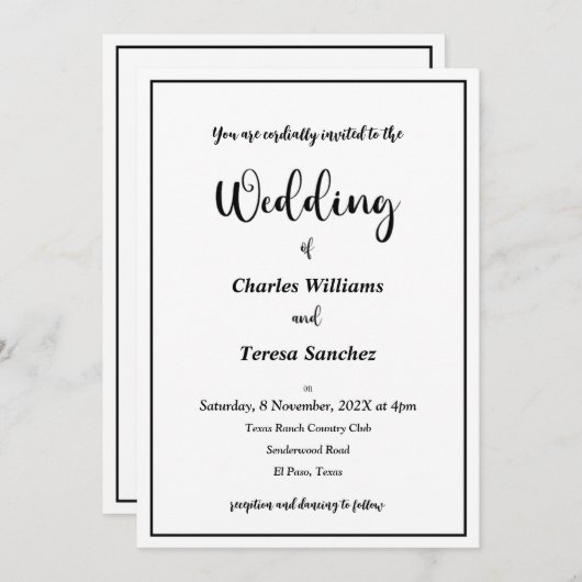 Invitation Script élégant noir et blanc (Devant / Derrière)