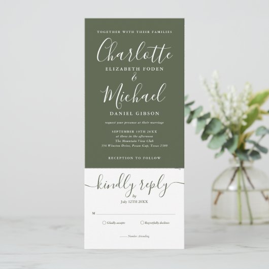 Invitation Script Élégant Vert Olivier Tout en un Mariage (Debout devant)