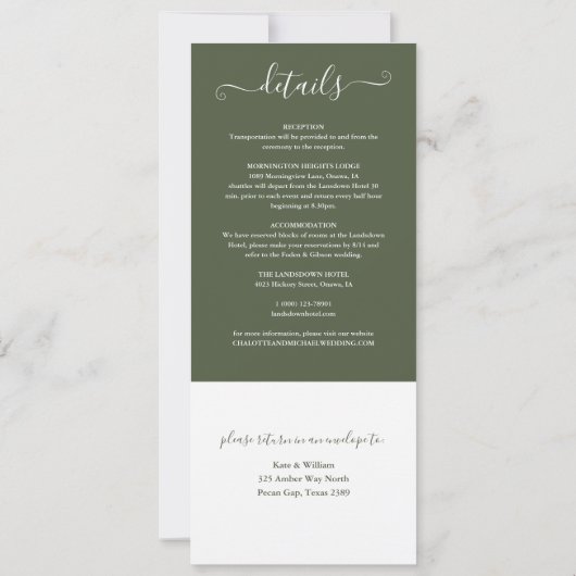 Invitation Script Élégant Vert Olivier Tout en un Mariage (Dos)