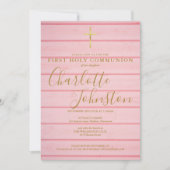 Invitation Script en bois rose rustique Première communion sa (Devant)