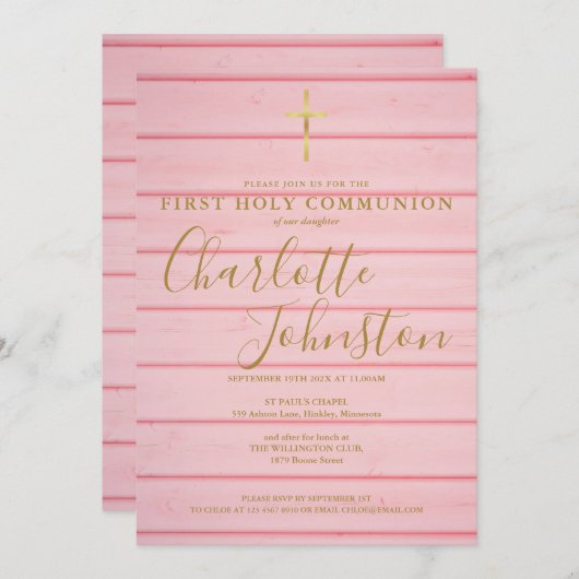 Invitation Script en bois rose rustique Première communion sa (Devant / Derrière)
