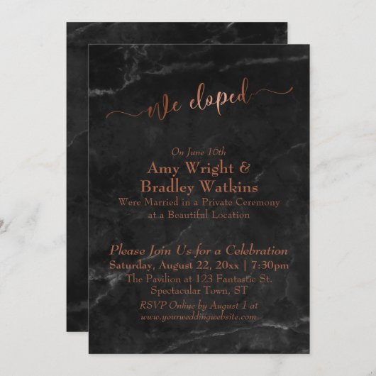 Invitation Script en cuivre Nous avons Elopé Script sur marbr (Devant / Derrière)