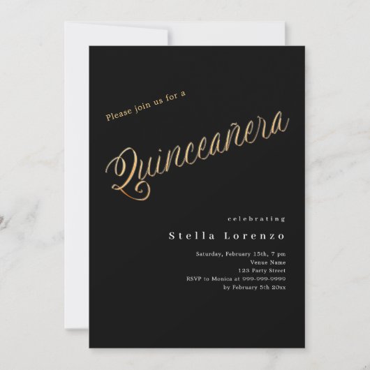 Invitation Script en or noir élégant Quinceanera (Devant)