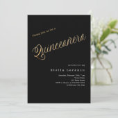 Invitation Script en or noir élégant Quinceanera (Debout devant)
