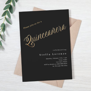 Invitation Script en or noir élégant Quinceanera