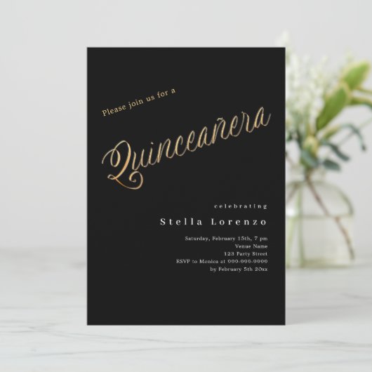 Invitation Script en or noir élégant Quinceanera luxe (Debout devant)