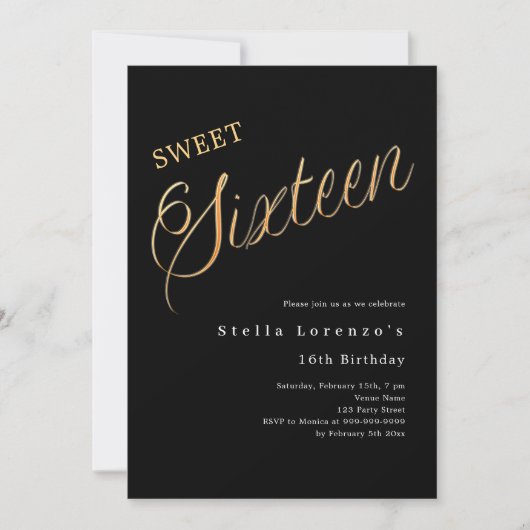 Invitation Script en or noir élégant Sweet 16 (Devant)