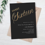 Invitation Script en or noir élégant Sweet 16<br><div class="desc">Une invitation Sweet 16 moderne. Arrière - plan noir classique et le mot Seize écrit avec de grandes lettres en faux or. Personnalisez et ajoutez un nom et des détails du parti. Texte blanc.</div>