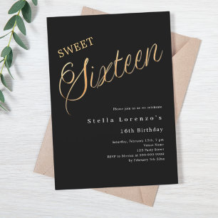 Invitation Script en or noir élégant Sweet 16