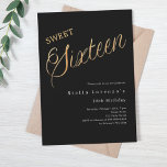 Invitation Script en or noir luxe Sweet 16<br><div class="desc">Une invitation Sweet 16 moderne. Arrière - plan noir classique et le mot Seize écrit avec de grandes lettres en faux or. Personnalisez et ajoutez un nom et des détails du parti. Texte blanc.</div>