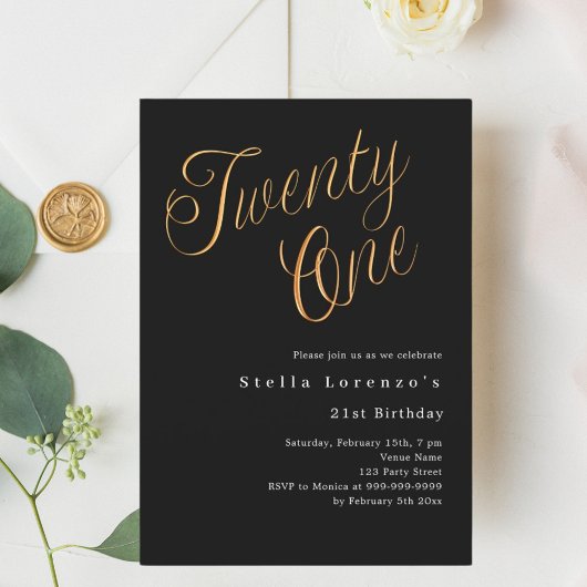 Invitation Script en or noir simple 21e anniversaire