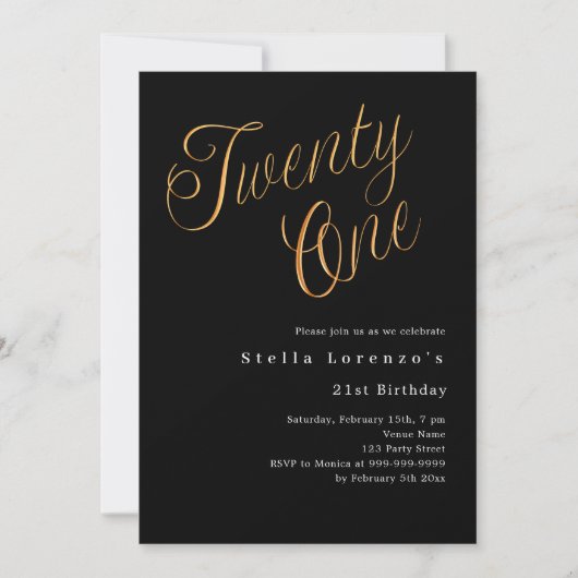 Invitation Script en or noir simple 21e anniversaire luxe (Devant)
