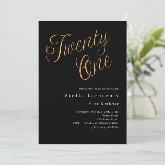 Invitation Script en or noir simple 21e anniversaire luxe (Debout devant)