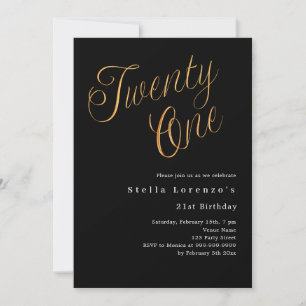 Invitation Script en or noir simple 21e anniversaire luxe