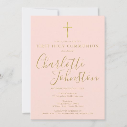 Invitation Script en or rose pâle Première Sainte Communion P (Devant)