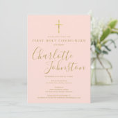 Invitation Script en or rose pâle Première Sainte Communion P (Debout devant)