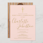 Invitation Script en or rose pâle Première Sainte Communion P (Devant / Derrière)
