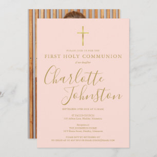 Invitation Script en or rose pâle Première Sainte Communion P