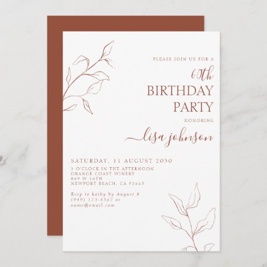 Invitation Script en terre cuite moderne Botanique 60e annive (Devant / Derrière)