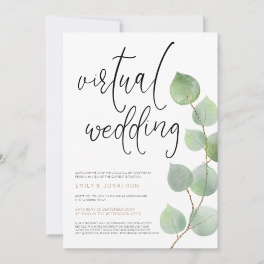 Invitation Script Feuille Eucalyptus moderne Mariage virtuel (Devant)