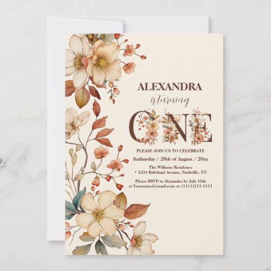 Invitation Script fleur sauvage chic moderne 1er anniversaire (Devant)