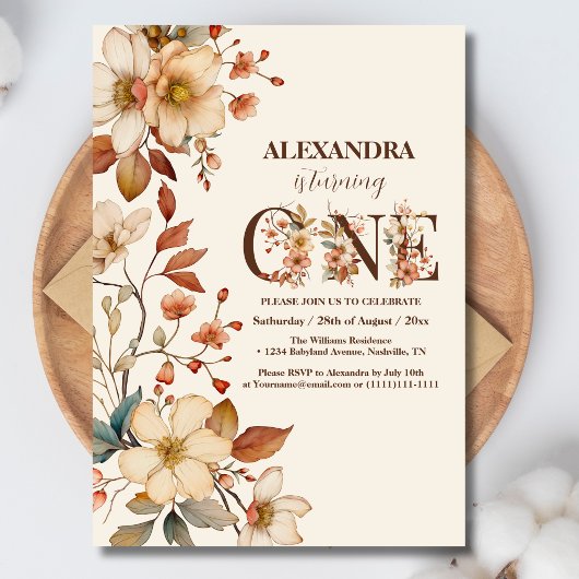 Invitation Script fleur sauvage chic moderne 1er anniversaire