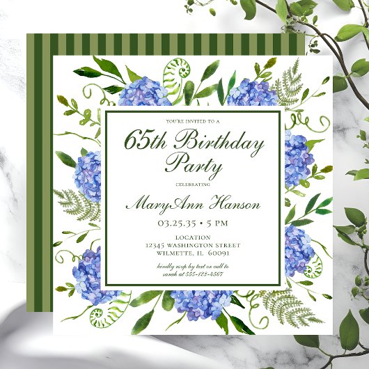 Invitation Script Fleurs d'Hydrangea Bleues pour 65e Annivers