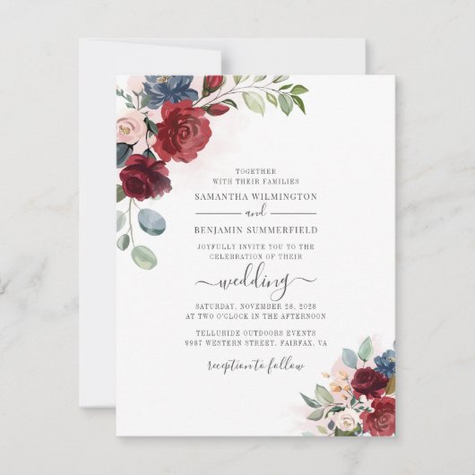 Invitation Script floral Bourgogne Botanique Mariage moderne (Devant)