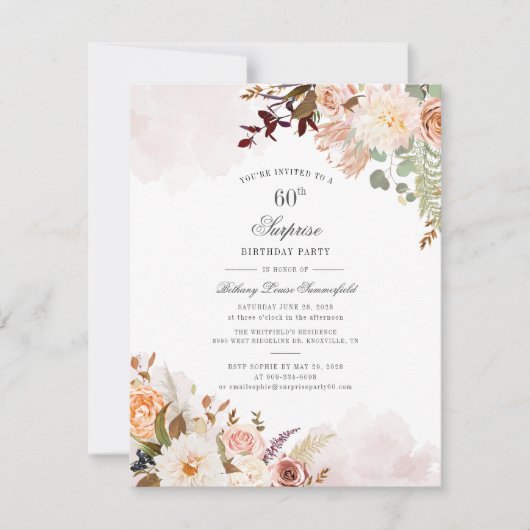 Invitation Script floral Pastel botanique 60e fête d'annivers (Devant)