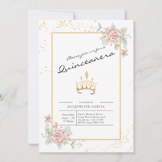 Invitation Script floral Quinceañera 15e anniversaire (Devant)