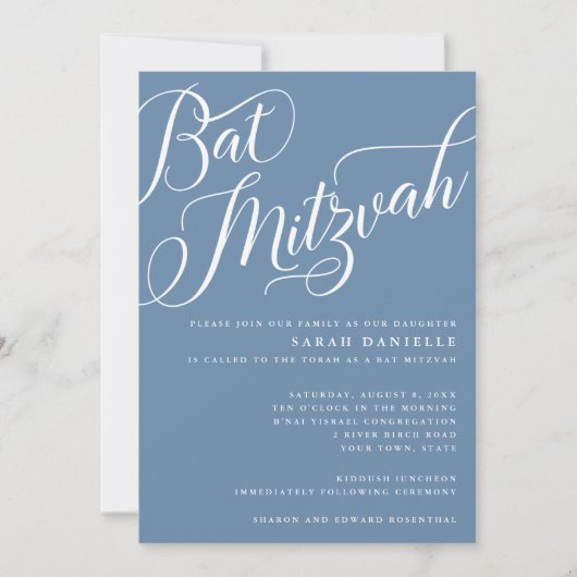 Invitation Script florissant moderne, Bat mitzvah bleu Dusty (Devant)