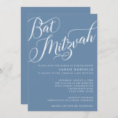 Invitation Script florissant moderne, Bat mitzvah bleu Dusty (Devant / Derrière)