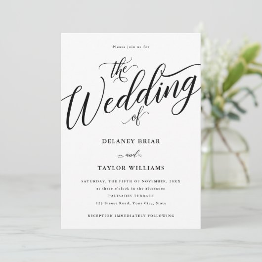 Invitation Script Flourissant moderne noir et blanc Mariage (Debout devant)