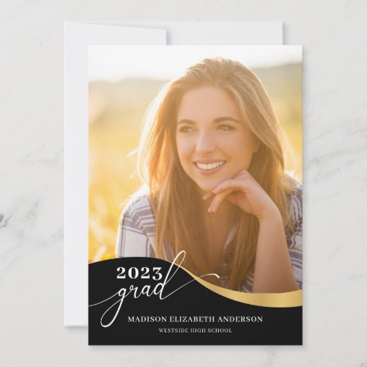 Invitation Script Forme moderne Photo Noir & Or Graduation (Devant)