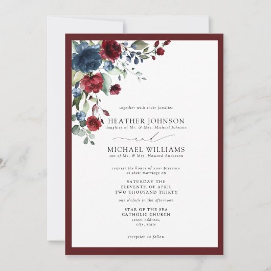 Invitation Script Formel Burgundy & Navy Floral Aquarelle (Devant)