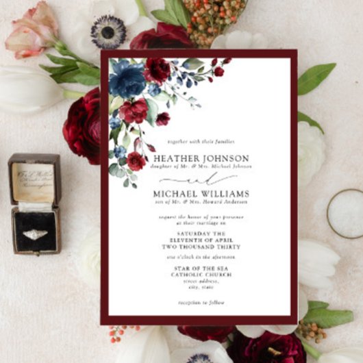 Invitation Script Formel Burgundy & Navy Floral Aquarelle
