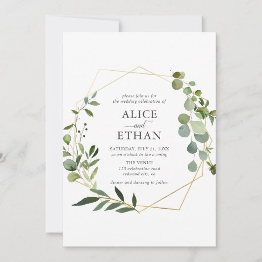 Invitation Script géométrique vert Mariage d'été (Devant)