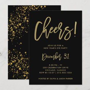 Invitation Script Glam Gold sur noir   Nouvel An