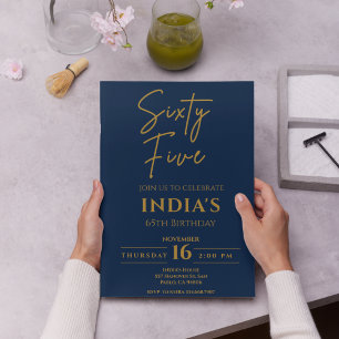 Invitation Script Gold & Blue 65e fête d'anniversaire