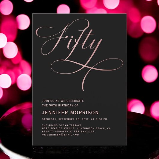 Invitation Script Gold Cinquante Rose Noir 50e anniversaire