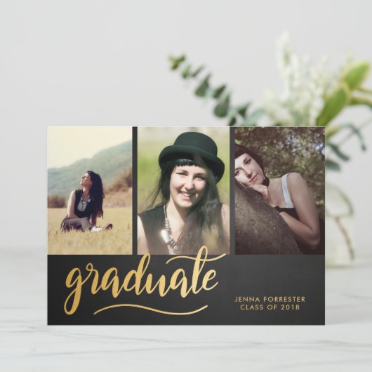 Invitation Script Gold de Chalkboard| Trois photos (Debout devant)