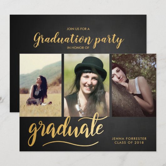 Invitation Script Gold de Chalkboard| Trois photos (Devant / Derrière)