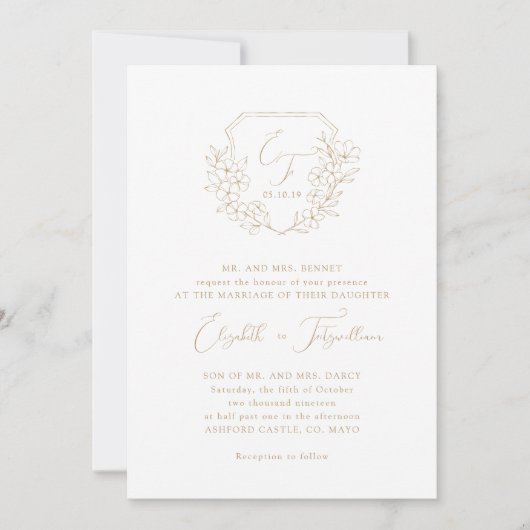 Invitation Script Gold Elegant Cerise Blossom Monogram Crest (Devant)
