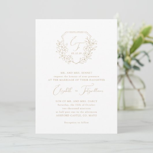 Invitation Script Gold Elegant Cerise Blossom Monogram Crest (Debout devant)