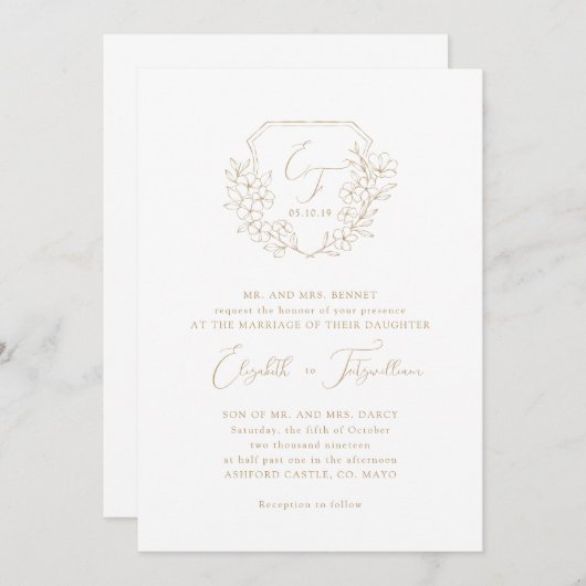 Invitation Script Gold Elegant Cerise Blossom Monogram Crest (Devant / Derrière)