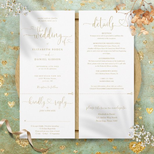 Invitation Script Gold Heart moderne tout en un Mariage
