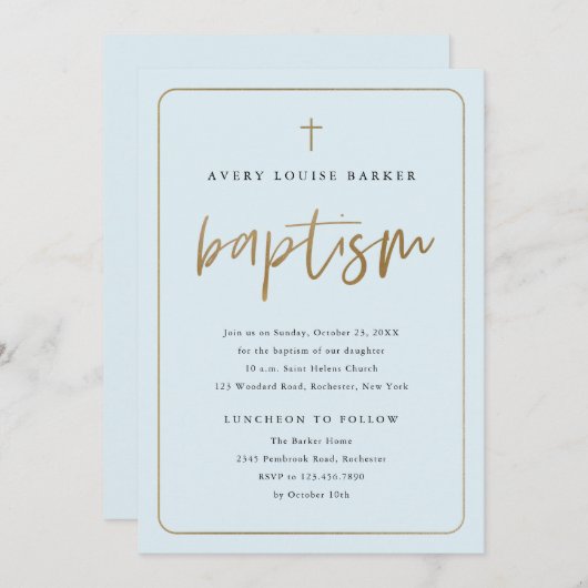 Invitation Script Gold moderne Religieux Garçon Baptême (Devant / Derrière)