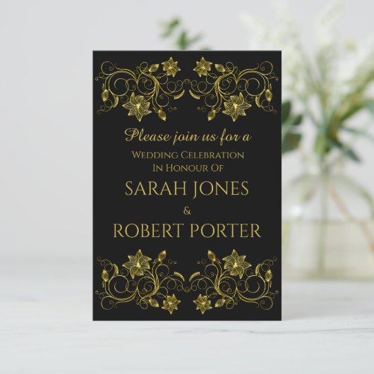 Invitation Script Gold sur noir avec Mariage de conception Fi (Debout devant)