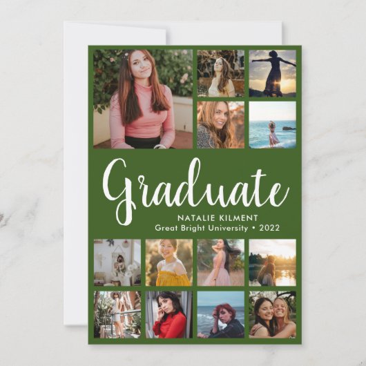 Invitation Script Graduate 14 Photo Collage Green Graduation (Devant)